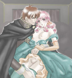 1boy 1girls aozora_kyuuji arm_around_waist blush breasts brown_eyes brown_hair cape curtains dress dress_lift dress_pull elbow_gloves ethlyn_(fire_emblem) female fire_emblem fire_emblem:_genealogy_of_the_holy_war gloves hand_holding husband_and_wife light-skinned_female light-skinned_male light_skin male nipples no_bra panties panty_pull pink_hair quan_(fire_emblem) red_eyes shirt smile source_not_archived straight thighhighs undressing