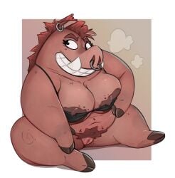 anthro belly big_belly big_breasts bottomless bra bra_only breasts brown_body brown_fur brown_hair clothed clothing cloven_hooves dreamworks ear_piercing ear_ring facial_piercing female fur genitals grin hair hi_res hoof_hands hooves huge_breasts mammal mostly_nude_anthro mostly_nude_female noodlestoat nose_piercing nose_ring overweight overweight_anthro overweight_female piercing pigtail_(the_bad_guys) pubes pussy ring_piercing smile solo suid suine sus_(pig) the_bad_guys the_bad_guys_2 torn_bra tusks underwear underwear_only vulva wild_boar