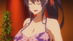 10s 1girls 2010s 2d akeno_himejima animated animated_gif anime anime_screenshot big_breasts black_hair bra breasts cleavage demon_girl ecchi female female_only gif high_school_dxd high_school_dxd_hero himejima_akeno huge_breasts large_breasts light-skinned_female long_hair long_ponytail passione_(company) ponytail purple_bra smile solo talking talking_to_another underwear undressing upper_body