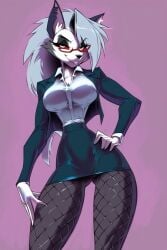 1girls ai_generated big_breasts breasts clothed clothing color female female_focus female_only fishnets furry furry_female gigiti glasses hellhound helluva_boss hi_res large_breasts long_hair looking_at_viewer loona_(helluva_boss) red_eyes solo solo_female teacher teacher_outfit thick_thighs white_hair wolf wolf_ears wolf_girl wolf_tail