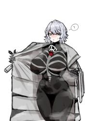 1girls ? big_breasts blush breasts cat___nip faust_(limbus_company) female grey_eyes inverted_nipples limbus_company looking_at_viewer open_clothes open_mouth presenting project_moon pussy short_hair skin_tight sweat thick_thighs white_hair