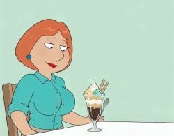1girls 20th_century_studios accidental_exposure ai_generated animated big_nipples black_eyes bouncing_breasts breast_expansion breast_focus breast_rest breasts breasts_exposed breasts_out center_opening chair earrings family_guy female female_only gigantic_breasts huge_breasts jiggle jiggling_breasts lipstick lois_griffin looking_down mature_female milf nipples no_sound open_mouth orange_hair partially_unbuttoned popped_button red_hair sitting solo surprised table tagme video