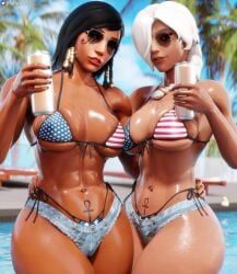2girls 3d abs absurd_res american_flag_bikini ana_amari big_breasts bikini breasts dark-skinned_female female female_only gilf grey_hair hi_res milf mother_and_daughter nemesis_3d overwatch pharah pool sunglasses thick_thighs thighs