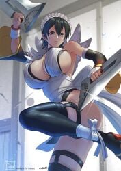 absurdres artist_name ass bare_shoulders black_hair breasts butterfly_swords cleavage commentary_request commission covered_erect_nipples dual_wielding female grey_eyes hair_ornament highleg highleg_leotard highres holding holding_weapon indoors iroha_(samurai_spirits) japanese_clothes large_breasts leg_up leotard leotard_under_clothes maid_headdress open_mouth ribbon samurai_spirits sandals shiny_clothes shiny_skin short_hair signature simple_background skeb_commission snk sweat sweatdrop thighhighs thighs tomo_eokaiteru weapon wide_hips wide_sleeves window