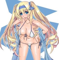1girls alternate_hairstyle artist_name big_breasts bikini blonde_hair blue_eyes blush breasts busty cameltoe cecilia_alcott cleavage dated drill_hair female female_only hair_ribbon hairband hands_on_hips highres infinite_stratos large_breasts legs long_hair looking_at_viewer navel open_mouth pose posing ribbon smile solo swimsuit thighs tongue twintails very_long_hair voluptuous white_bikini