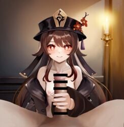 bangs bar_censor blush breasts brown_hair closed_mouth collarbone female flower genshin_impact hat hu_tao_(genshin_impact) long_hair nipples off_shoulder penis smile straight
