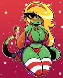 bikini blonde_hair breasts candy_cane christmas cleavage colored_skin eliza_(nelljoestar) female gradient green_skin huge_breasts long_hair navel nelljoestar panties red_bikini skirt snow snowing solo space star_(sky) striped striped_legwear swimsuit tail thick_thighs thighhighs underwear wide_hips