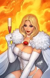 blonde_hair blue_eyes breasts cape champagne_flute cleavage corset cup david_nakayama drinking_glass elbow_gloves emma_frost female fiery_background fire gloves highres holding holding_cup initial looking_at_viewer marvel medium_breasts panties solo underwear white_cape white_corset white_gloves white_panties x-men