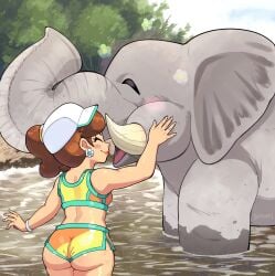 artist_name ass bare_legs blush brown_hair closed_eyes crop_top cute earrings elephant female flower_earrings hat highres huge_ass jewelry legs long_hair mario_(series) mario_kart mario_kart_world midriff nintendo princess_daisy princess_daisy_(swimwear) princess_daisy_(swimwear)_(mario_kart_world) shorts side_ponytail signature smile tomboy tree tusks water white_hat yamouri young young_female