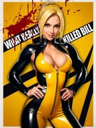 ai_generated bangs blonde_hair bodysuit breasts caution_tape center_opening cleavage cowboy_shot female green_eyes hand_on_hip hands_on_hips large_breasts shiny smile solo standing traditional_media unzipped yellow_theme zipper