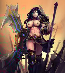 armor black_hair breasts kaka_(artist) league_of_legends nipples pussy sivir straight_hair