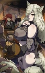 1girls 2024 animal_ears areolae artist_name ass bartender big_ass big_breasts breasts clothed clothing eiselin_hulkenberg fabienne_vulpes female female_focus gallica garter_belt garter_straps hair_over_one_eye hulkenberg light-skinned_female light_skin long_hair looking_at_another metaphor:_refantazio money_in_thong nipples orphen_(pink_seito) pinkseito protagonist_(metaphor:_refantazio) stockings tail tail_grab thick_thighs thighs translucent translucent_clothing twitter_username video_games white_hair yellow_eyes