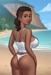 1girls 2d 2d_(artwork) ai_generated ass beach beach_background big_ass big_breasts breasts brown_hair brown_hair bubble_ass bubble_butt cameltoe civitai curvaceous curves curvy curvy_body curvy_figure curvy_hips daeisi dark-skinned_female dark_skin digital_drawing_(artwork) female female_focus female_only ms._dewitt_(summertime_saga) panties pose posing shirt showing_off summertime_saga tank_top thick_ass thick_thighs underwear