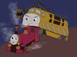 1boy 1girls 2018 animate_inanimate anthro anthro_on_anthro before_sex destination_films diesel_10 duo female genitals gullane_pictures hi_res isle_of_man_film lady_(thomas_and_friends) living_machine living_train living_vehicle locomotive looking_at_another machine male male/female penis thomas_and_friends thomas_and_the_magic_railroad train