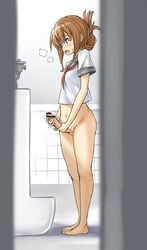 1futa bathroom blush bottomless breath brown_eyes brown_hair censor_bar censored censored_penis folded_ponytail futa_only futanari hair heavy_breathing inazuma_(kantai_collection) intersex kantai_collection kuro_oolong masturbation open_mouth penis school_uniform serafuku short_hair solo standing sweat toilet voyeurism