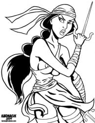 ankle_wrap arm_wrap bandage_on_face bandage_over_one_eye bandaged_arm bandaged_hand bandaged_head bandaged_leg bandaged_neck bandages bandaid bandaid_on_face breasts budget_sarashi cast female leg_wrap long_hair medium_breasts monochrome naked_bandage nipples sarashi solo wrist_wrap