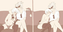 2girls breasts bro_strider closed_eyes clothing dave_strider fingering fingerless_gloves fletsch homestuck incest ivalisian lesbian lil_cal_(homestuck) ms_paint_adventures nipple_pinch nipples panties puppet rule_63 short_hair stockings sunglasses valdgeist white_background white_hair white_skin