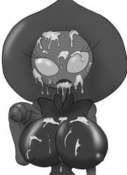 alien big_breasts cum cum_drip cum_on_breasts cum_on_eye cum_on_face cum_on_lips cum_out_mouth flatwoods_monster long_eyelashes pointing_at_breasts suraguma white_background