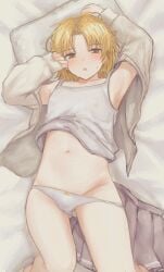 1boy absurdres arms_up bed blonde_hair blush bulge clothes_lift crossdressing crossdressing_(mtf) half-closed_eyes highres looking_at_viewer lying male_focus navel open_mouth original panties shirt_lift skirt solo sweat tank_top testicles thighs trap underwear white_panties yellow_eyes yuxi