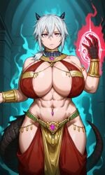 abs ai_generated brainwashed brainwashing breasts dark_aura dark_nipples demon_girl dragon_girl dragon_tail empty_eyes female harem_girl harem_outfit horns huge_breasts huge_nipples hybrid hypnosis kunaboto_(style) mind_control muscles muscular muscular_female oni_female oni_horns original pale_skin pixai purple_eyes scales silver_hair slave slave_outfit slavegirl submissive_female succubus tagme utter_domination voluptuous voluptuous_female