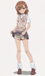 1girls 2020s 2025 adolescent ai_generated bare_legs blush brown_eyes brown_hair brown_sweater_vest clothed clothed_female collared_shirt female flashing full_body grey_skirt hair hair_flower hair_ornament hi_res lifted_by_self looking_at_viewer loose_socks matching_hair/eyes miniskirt misaka_mikoto pleated_skirt school_uniform schoolgirl shadow shirt shoes short_hair shorts shorts_under_skirt simple_background skirt skirt_lift socks solo standing student summer_uniform sweater_vest teenage_girl teenager to_aru_kagaku_no_railgun to_aru_majutsu_no_index tokiwadai_school_uniform white_background white_shirt white_socks young young_female