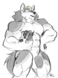 3:4 abs anthro balls bfw blonde_hair canid canine canis cheek_tuft claws facial_tuft finger_claws fingerpads flaccid genitals grin hair hi_res holding_bus holding_vehicle humanoid_genitalia humanoid_penis looking_at_viewer macro male mammal muscular muscular_anthro muscular_male neck_tuft nipples nude partially_colored pawpads pecs penis portrait short_hair simple_background smile solaxe_(artist) solo standing three-quarter_portrait tuft vein veiny_penis wolf yellow_eyes