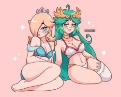 2girls arms_behind_back artist_name blonde_hair blue_bra blue_eyes blue_panties blush bra breasts cleavage crown diffraction_spikes earrings female glint green_eyes green_hair hair_over_one_eye jewelry long_hair medium_breasts multiple_girls navel palutena panties rosalina sitting smile sparkle sparkling_eyes star_(symbol) star_earrings thighhighs underwear