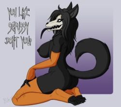 animal_ears barefoot black_hair breasts dog_ears dog_tail english_text female furry furry_female large_breasts long_hair mal0 scp-1471 scp_foundation sitting snout soles solo tail wariza