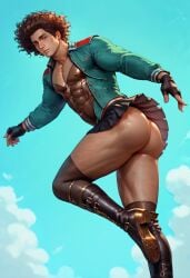 ai_generated ass ass big_ass big_butt black_gloves black_miniskirt black_skirt boots boy brown_hair bubble_ass bubble_butt cloud corset day fingerless_gloves gloves green_jacket hazel_eyes jacket knee_boots looking_at_viewer male miniskirt open_clothes open_jacket outdoors pleated_skirt plump_ass round_ass round_butt skirt sky solo tallcallipygian tcallipygian thick_thighs thighs