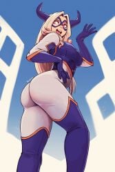 1girls absurdres ass bodysuit boku_no_hero_academia domino_mask female hand_on_own_hip highres long_hair mask mount_lady multicolored_bodysuit open_mouth raichiyo33 solo superhero_costume