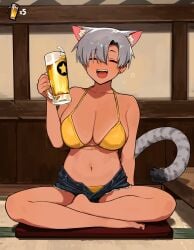 alternate_version_available beer cat_ears cat_girl cat_tail catgirl drunk drunk_bubble feline golden_bikini golden_week grey_hair hot_pants jacket_removed kara_(vertigris) tanline vertigris