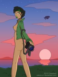 1girls asian beyond_good_and_evil bottomless camera casual cokomon female female_only green_eyes green_lipstick green_nails jacket jade_(beyond_good_and_evil) mostly_nude outdoors outerwear solo solo_female sunset tagme