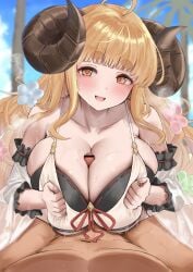 1boy :d ahoge anila_(granblue_fantasy) anila_(summer)_(granblue_fantasy) bar_censor bare_shoulders blonde_hair blunt_bangs blush breasts breasts_squeezed_together censored clothed_female_nude_male collarbone commentary_request commission curled_horns female granblue_fantasy highres horns large_breasts long_hair male nude official_alternate_costume open_mouth outdoors paid_reward_available paizuri penis pov satou_aji sheep_horns skeb_commission smile straight thick_eyebrows yellow_eyes