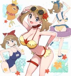 absurdres alternate_costume bikini breasts gen_3_pokemon gonzarez highres large_breasts may_(pokemon) nintendo one-piece_swimsuit pokemon pokemon_(creature) pokemon_oras pokemon_rse school_swimsuit swimsuit torchic