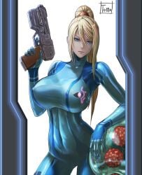1girls absurdres alien artist_name blonde_hair blue_bodysuit blue_eyes bodysuit breasts closed_mouth commentary_request covered_collarbone covered_erect_nipples covered_navel female gun hair_between_eyes hair_tie hand_up handgun high_ponytail highres holding holding_gun holding_weapon holster huge_breasts large_breasts lips long_hair long_sleeves looking_at_viewer metroid metroid_(creature) metroid_larva mole mole_under_mouth nintendo open_door paralyzer ponytail samus_aran shiny_clothes sidelocks signature skin_tight solo tomo_eokaiteru trigger_discipline turtleneck weapon white_background zero_suit