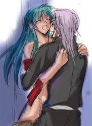 1boy 1girls against_wall black_pants black_shirt blush closed_eyes clothed_male eirika_(fire_emblem) female fire_emblem fire_emblem:_the_sacred_stones green_hair holy_pledge hugging human implied_penetration implied_sex long_hair lyon_(fire_emblem) male nude_female open_mouth pants purple_hair sex shirt standing_sex straight