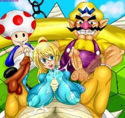 black_eyes blonde_hair blue_eyes breasts bukkake cum cum_on_ass cum_on_body cum_on_breasts cum_on_clothes cum_on_hair day ejaculation facial facial_hair huge_breasts huge_cock mole mole_under_mouth multiple_boys multiple_girls multiple_penises penis ponytail samus_aran smile straight zero_suit