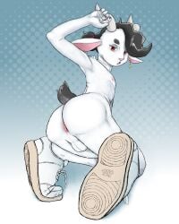 4:5 absurd_res anthro ass backsack balls big_butt black_hair bovid caprine clothing ear_piercing footwear footwear_only genitals goat hair hi_res horn jenokamui male mammal mostly_nude nude piercing presenting shoes shoes_only sneakers sneakers_only solo tail white_body