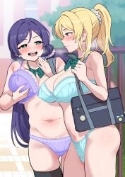 2girls ayase_eli black_legwear black_thighhighs blonde_hair blue_bra blue_eyes blue_panties blush bra clothed clothed_female clothing exhibitionism female female_focus female_only green_eyes hashihirok80881 legwear lingerie lingerie_only long_hair looking_at_viewer love_live! naughty_face navel open_mouth open_smile panties partially_clothed ponytail purple_bra purple_hair purple_panties schoolgirl thighhighs toujou_nozomi twintails young younger_female