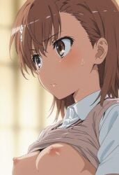 1girls 2020s 2024 adolescent ai_generated areolae blush breasts breasts_out brown_eyes brown_hair brown_sweater_vest close-up collared_shirt female flower hair hair_flower hair_ornament indoors looking_to_the_side matching_hair/eyes medium_breasts misaka_mikoto nipples school_uniform schoolgirl shirt shirt_lift short_hair solo student summer_uniform sweatdrop sweater_vest teenage_girl teenage_tits teenager to_aru_kagaku_no_railgun to_aru_majutsu_no_index tokiwadai_school_uniform upper_body white_shirt young young_female