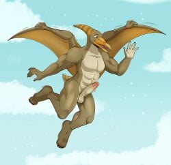 5_fingers 5_toes abs absurd_res anthro beak biceps brown_body cloud dinosaur erection feet fingers flying green_eyes hi_res male mishajeans muscular muscular_anthro muscular_male muscular_wings nude perry_(vedrax) prehistoric_species pteranodon pteranodontid pterosaur reptile scalie sky solo teeth toes toothed_beak wings