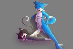 animal_ears animal_nose blue_eyes blue_hair body_fur breasts cat_boy cat_ears cat_girl cat_tail fangs female furry furry_female furry_male furry_with_furry happy interspecies long_tongue open_mouth short_hair signature smile snout standing straight tail teeth tongue white_skin wolf_boy