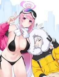 2girls big_breasts blue_archive breasts cold eimi_(blue_archive) eimi_(swimsuit)_(blue_archive) female freezing goggles_on_head halo himari_(blue_archive) huge_breasts ice makarony peace_sign pink_hair puffer_jacket scarf ski_goggles snow swimsuit very_high_resolution very_long_hair video_game_character