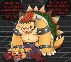 2boys accessory anal anal_sex announcing_orgasm anthro anthro_on_anthro bear belly black_bear black_body black_fur bodily_fluids bottomless bottomless_male bowser breath clothed clothing cock_ring collar degradation dialogue dirty_talk dominant dominant_male drool_pool drooling duo dusk_(moonbeardusk) english_text from_behind_position fucked_silly fur furry furry_male furry_only gay gay_sex genitals growling hat hat_over_eyes head_grab head_push headgear headwear hi_res jewelry jockey_position koopa looking_pleasured lying male male/male mammal mario_(series) moan moon_bear moonbeardusk motion_lines nintendo nipple_piercing nipples on_front onomatopoeia overweight overweight_anthro overweight_dom overweight_male overweight_top panting penetration penile penile_penetration penis penis_accessory penis_in_ass penis_jewelry piercing plap profanity prone_bone_position red_hair reptile saliva scalie sex size_difference smaller_penetrated smoke smoke_from_mouth sound_effects spiked_collar spikes text thrust_lines thrusting ursine