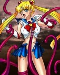 back_bow blonde_hair blue_sailor_collar blue_skirt blurry blurry_foreground bow breasts cat_tail choker covered_nipples crescent depth_of_field double_bun earrings elbow_gloves female gloves long_hair magical_girl motion_blur red_bow red_choker sailor_collar sailor_jupiter sailor_moon sailor_senshi_uniform skirt tentacle tiara torn_clothes tsukino_usagi twintails white_gloves