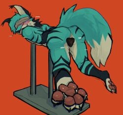 absurd_res andromorph animal_genitalia animal_vulva anthro blindfold bodily_fluids bound breeding_mount canid canine canine_genitalia canine_vulva digital_media_(artwork) genital_fluids genitals hi_res intersex mammal openfracturesday solo solo_focus submissive