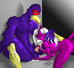 all_fours anthro ass breasts cat color cum falco_lombardi feline fellatio female fur furry furry_ass furry_breasts furry_ears furry_tail hair katt_monroe male mammal nintendo nude oral penis pheasant pointy_ears purple_fur sitting star_fox straight tail testicles white_hair