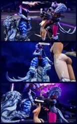 3d animal_penis anthro au_ra auri_lover black_cat captured cat_girl cum_drip eutrope final_fantasy_xiv furry futanari held_up horse_girl horsecock miqo'te penis wet wicked_thunder yaana