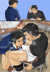2boys age_difference big_bulge black_hair blush briefs bulge bulge_through_clothing classroom_desk classroom_sex crouching dubious_consent duo eraser erection erection_under_clothes examination gakuran gay grey_eyes hand_on_crotch hand_on_head hand_on_knee hi_res high-angle_view holding_object imminent_fellatio imminent_oral imminent_sex imokuma indoors jacket kneeling laugh leg_hair looking_at_another male male/male male_only mature_male necktie open_legs original original_character pants_down paper penis school school_uniform shocked short_hair sitting squatting steam steamy_breath steamy_penis student sweat sweatdrop teacher teacher_and_student tiled_floor white_briefs yaoi