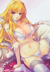 absurdres bed blonde_hair bra breasts cleavage cum cum_on_body cum_on_hair cum_on_lower_body female frilled_legwear highres kamishiro_kotone lace large_breasts min-naraken open_mouth oyako_rankan panties pillow pink_eyes scan side-tie_panties sitting spread_legs thighhighs underwear wariza white_bra white_legwear white_panties